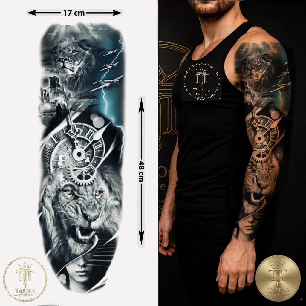 Aslan & Steampunk Saat & Kadın - Tam Kol Geçici Dövme
